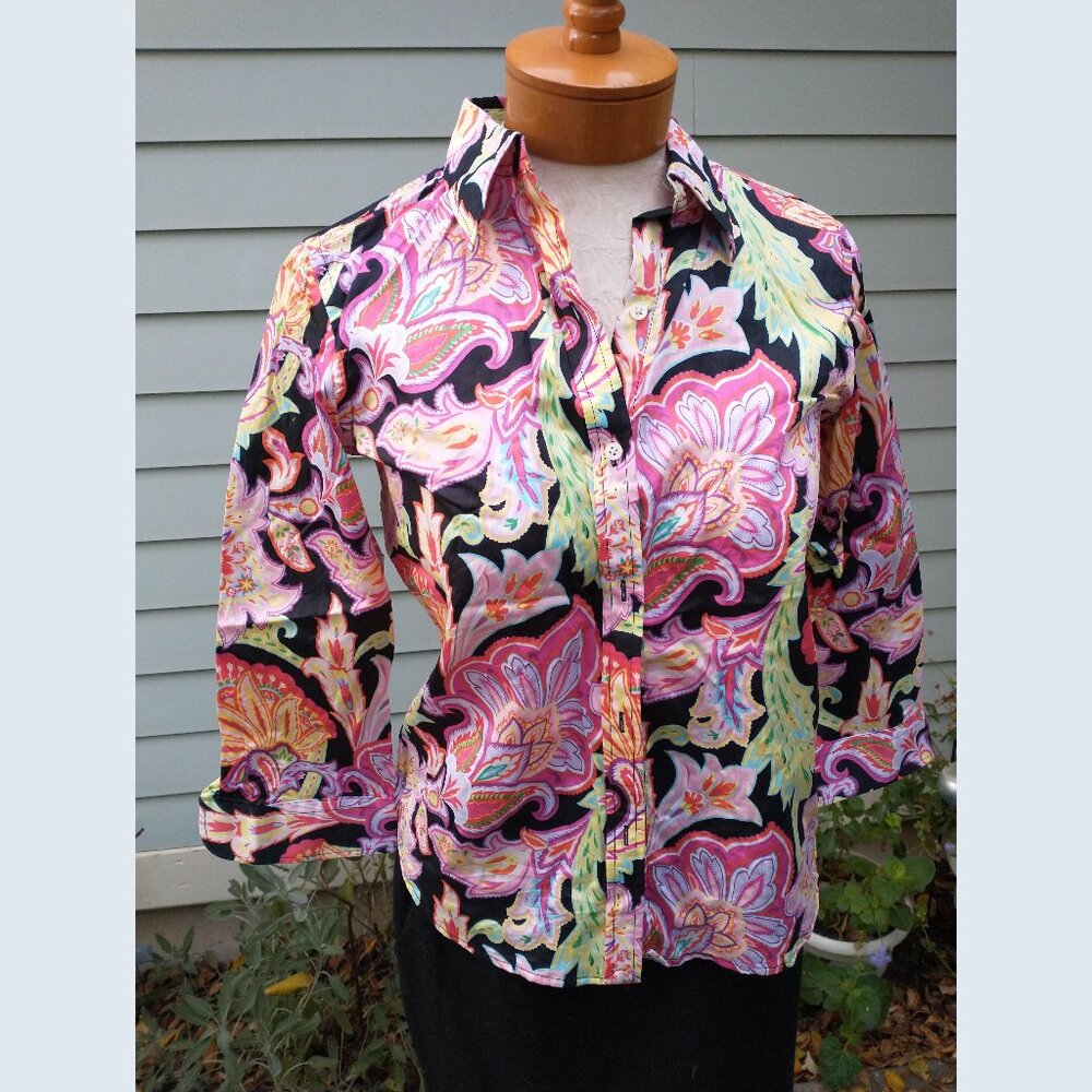 Blouse: Cotton, black floral/paisley. Size petite medium - by Ralph Lauren